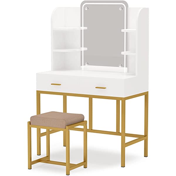 Vanity Set with LED Lighted Mirror and Cushioned Stool, Large Vanity Table Dressing Table Desk with Storage Shelves and 2 Drawers for Bedroom (Gold/w Lights)