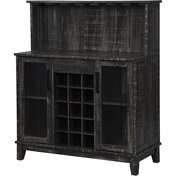 Bar Cabinet with Wine Rack and Glass Doors (Grey wash- Solid)