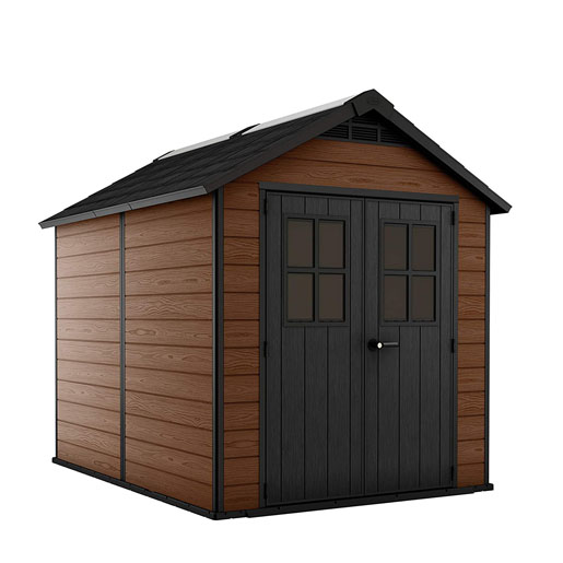 Keter Newton Outdoor Apex Double Door Garden Storage Shed 7.5 x 7ft Brown WPC Wood Look and Feel | Fade Free | All Weather Resistant | Safe and Secure | Zero Maintenance | 15 year Warranty