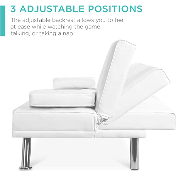 Best Choice Products Faux Leather Upholstered Modern Convertible Folding Futon Sofa Bed for Compact Living Space, Apartment, Dorm, Bonus Room w/Removable Armrests, Metal Legs, 2 Cupholders - Black