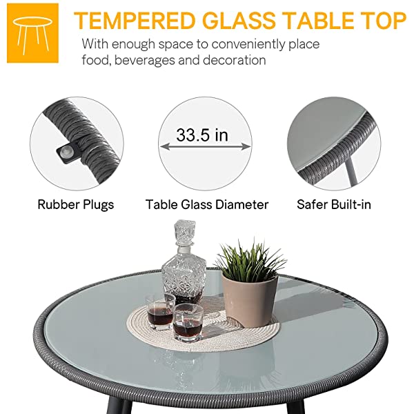 OC Orange-Casual 5 Pieces Patio Conversation Set, Outdoor Furniture Set, All-Weather Wicker Chairs with Round Glass Top Table and 4 Chairs, for Garden,Backyard, Indoor Outdoor Use, Yellow