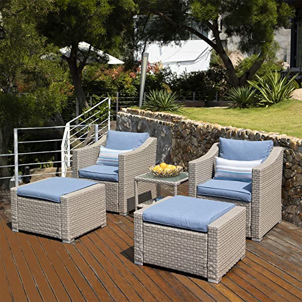 COSIEST 5-Piece Outdoor Furniture Lounge Set Warm Gray Wicker Sectional Sofa w Thick Cushions, Glass-Top Table, 2 Ottomans, 2 Teal Pattern Pillows for Garden, Pool, Backyard
