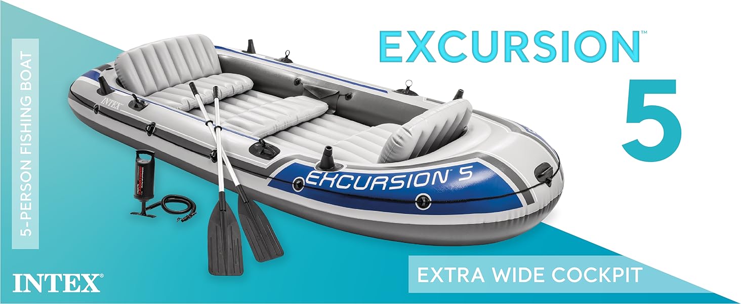 Intex Excursion Inflatable 5 Person Water Fishing River Boat Raft Set with Oars  D