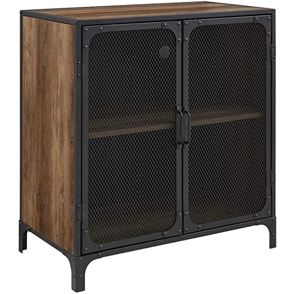 Walker Edison Malcomb Urban Industrial Metal Mesh Double Door Rolling Bar Cabinet, 33 Inch, Rustic Oak Rustic Oak 33 Inch