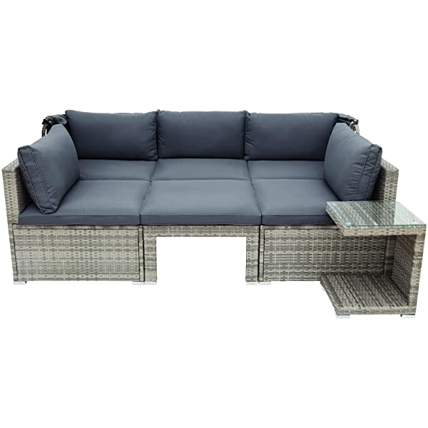 Lazyspace 5 Pieces Outdoor Sectional Patio Rattan Sofa Set Rattan Daybed, PE Wicker Conversation Furniture Set w/Canopy and Tempered Glass Side Table, Gray