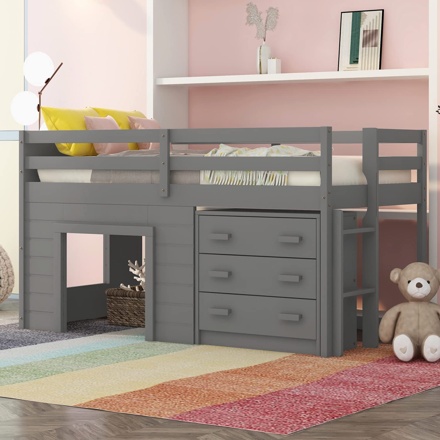 【Furniture】Bellemave Low Loft Beds with 3 Drawers Twin Loft Bed Frame with Cabinet & Bedside Tray Wood Farmhouse Loft Bed