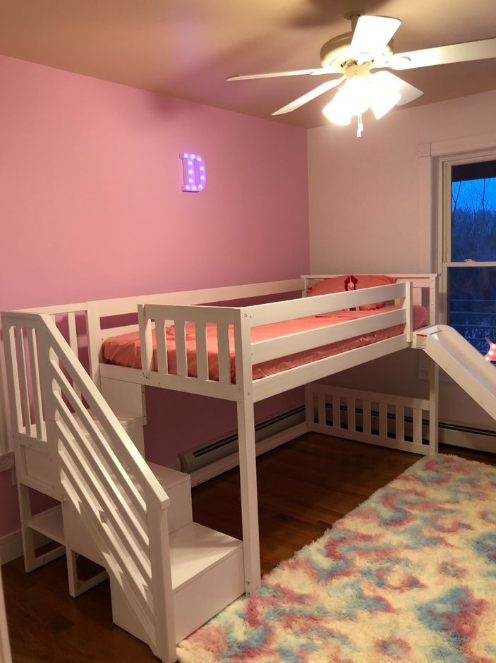 Low Bunk Bed, Twin-Over-Twin Bed Frame for Kids with Stairs & Slide, Clay