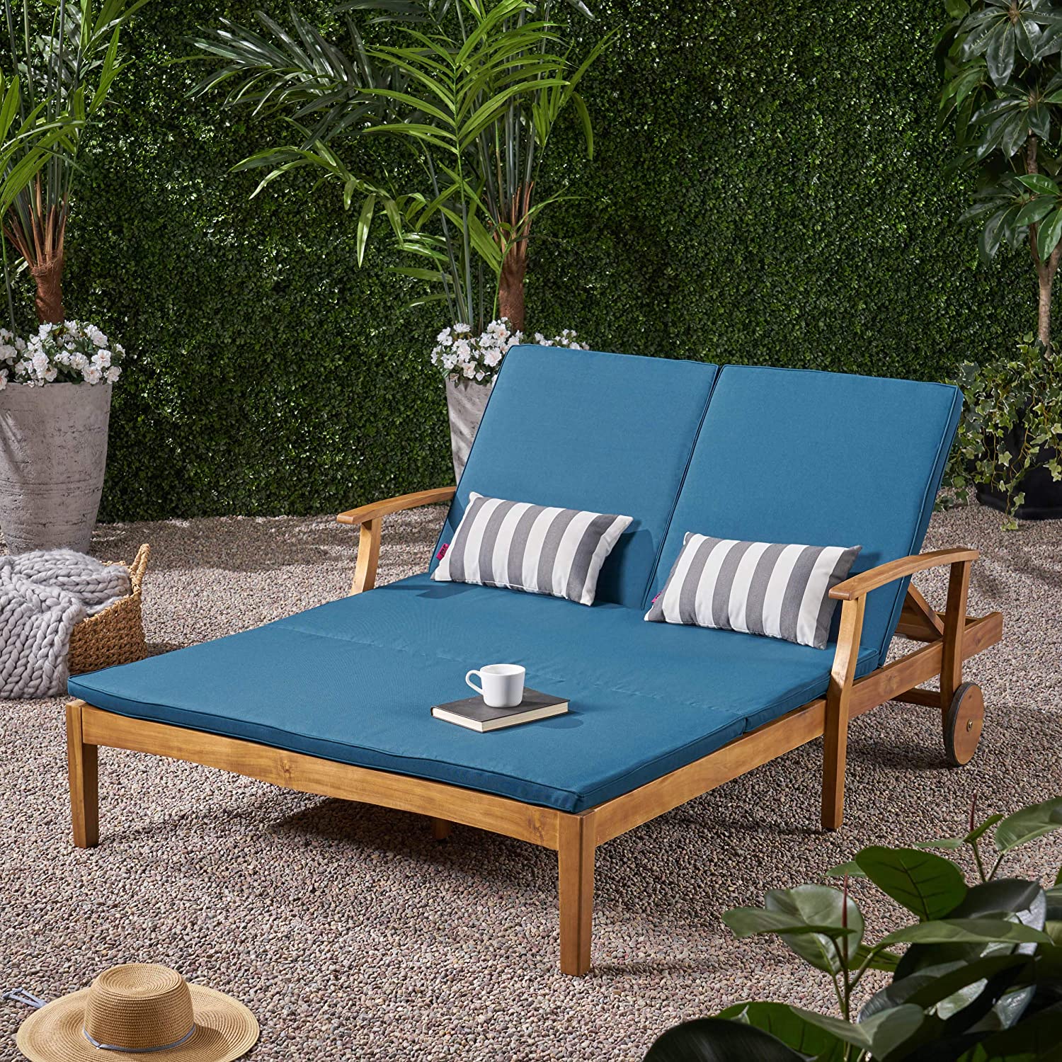 【Home&Garden】Samantha Double Chaise Lounge for Yard & Patio, Acacia Wood Frame, Teak Finish with Cushions