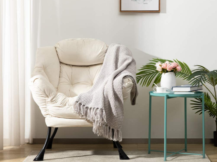 AbocoFur Modern Cotton Fabric Lazy Chair, Accent Contemporary Lounge Chair, Single Steel Frame Leisure Sofa Chair with Armrests and A Side Pocket, Thick Padded Back, Brown