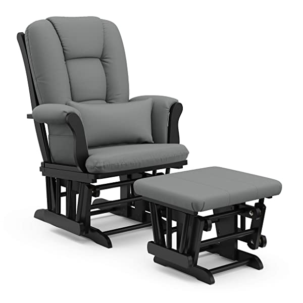 Storkcraft Tuscany Custom Glider and Ottoman with Free Lumbar Pillow, Black/Grey, Cleanable Upholstered Comfort Rocking Nursery Chair with Ottoman Black/Gray