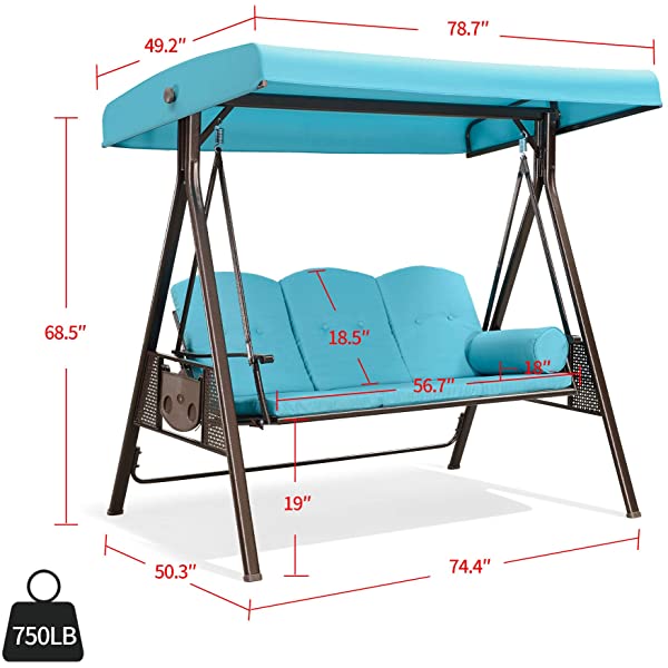 PURPLE LEAF 3-Seat Deluxe Outdoor Patio Porch Swing with Weather Resistant Steel Frame, Adjustable Tilt Canopy, Cushions and Pillow Included, Beige 74.4