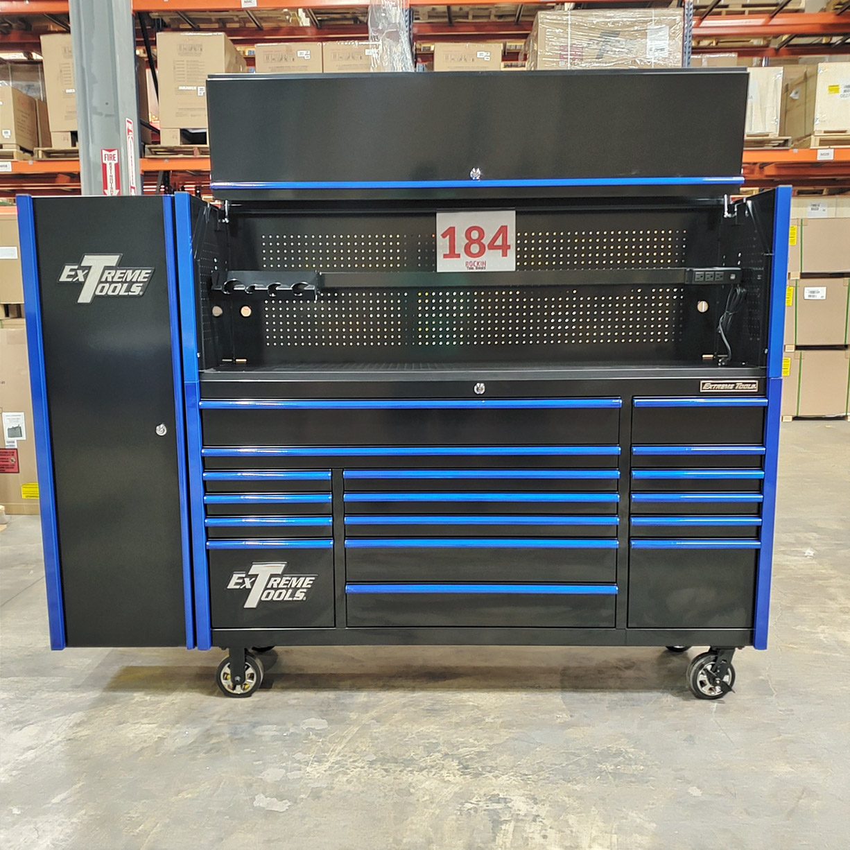 used toolboxScratch & Dent, Extreme Tools DX Series 72 x 21 Triple Bank Roller, Hutch & Side Locker Combo in Black-Blue
