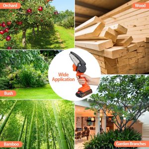 hand-held cordless chain saw, battery-powered chainsaw, for cutting wood, cutting branches