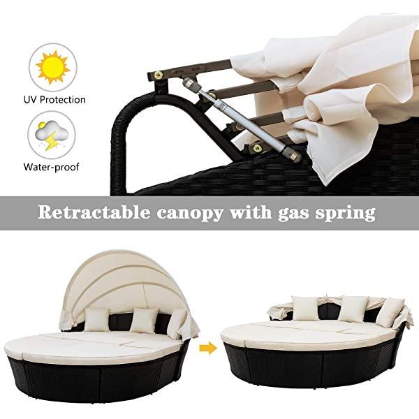 Merax All-Weather Outdoor Sectional Sofa Conversation Set Rattan Daybed Sunbed with Retractable Canopy, Separate Seating and Removable Blue Cushions Brown+blue