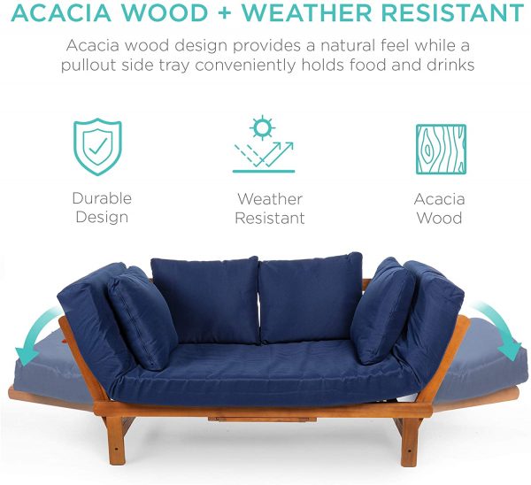 Best Choice Products Outdoor Convertible Acacia Wood Futon Sofa Furniture for Patio, Balcony, Poolside, Backyard w/Pullout Tray, Removable Weather-Resistant Cushion & 4 Pillows – Navy Blue