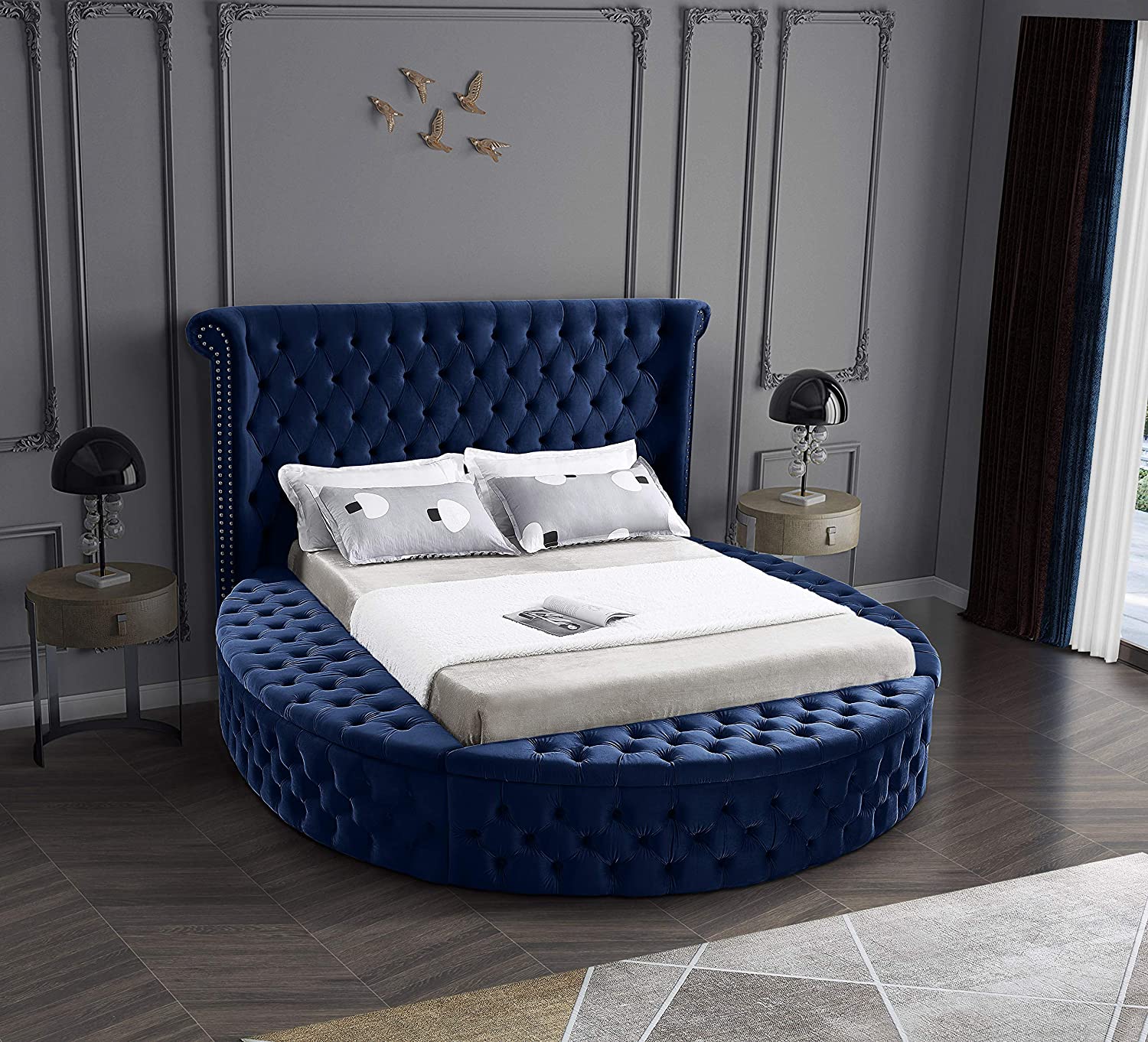 【Furniture】Contemporary Round Shaped Velvet Upholstered Bed with Deep Button Tufting & Footboard Storage, King