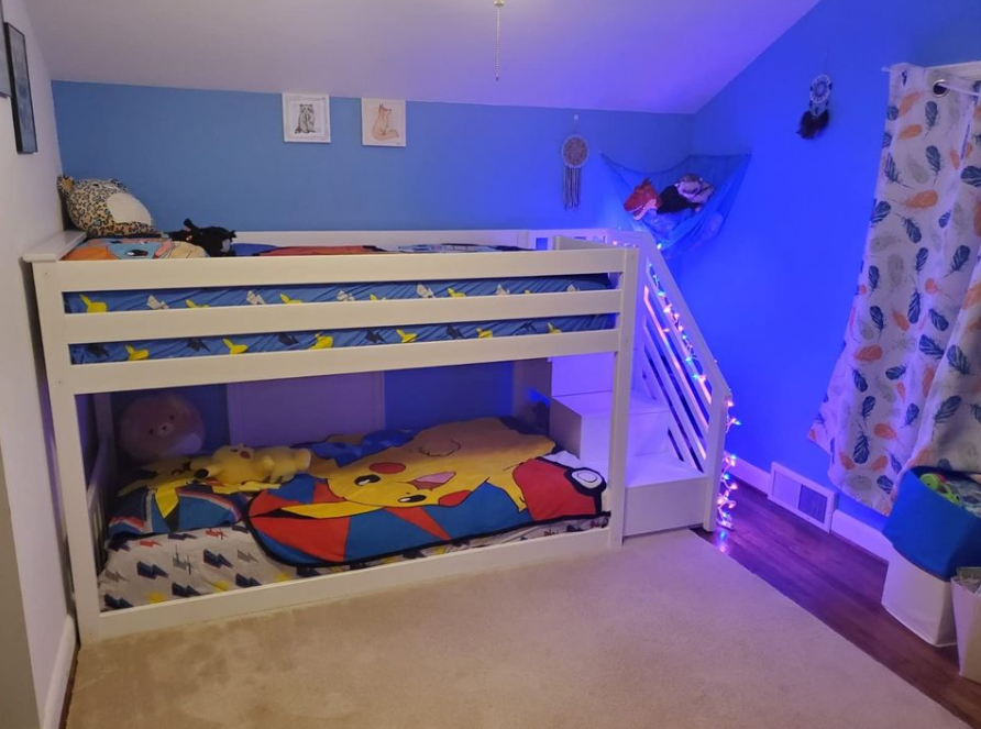Low Bunk Bed, Twin-Over-Twin Bed Frame for Kids with Stairs & Slide, Clay