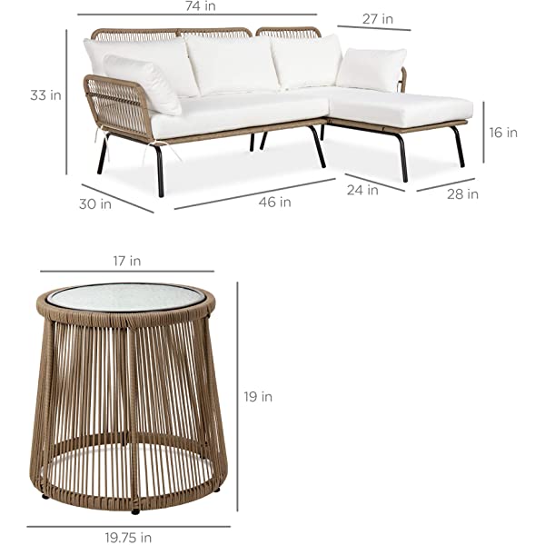 Best Choice Products Outdoor Rope Woven Sectional Patio Furniture L-Shaped Conversation Sofa Set for Backyard, Porch w/Thick Cushions, Detachable Lounger, Side Table - White