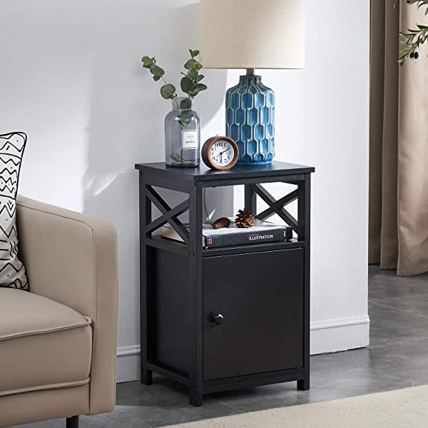 VECELO Modern Versatile Nightstands X-Design Side End Table Night Stand Storage Shelf with Bin Drawer for Living Room Bedroom, Brown+Black Brown+black Modern