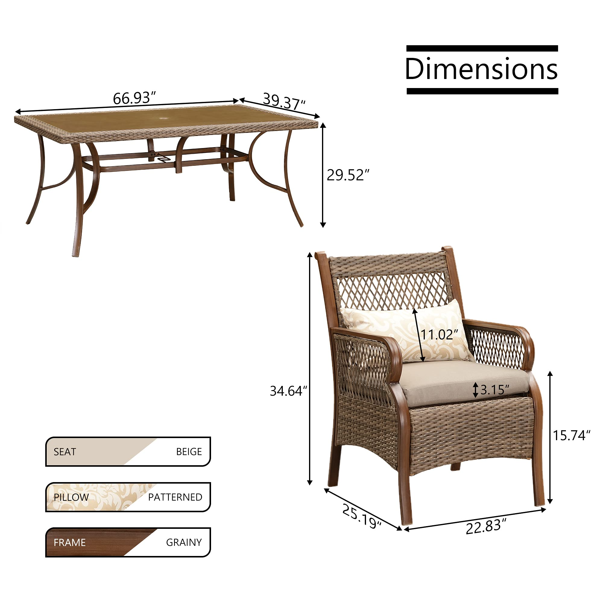 【Home&Garden】Patio Dining Set Outdoor Wicker Patio Furniture Sets Rectangular Tempered Glass Top Dining Table