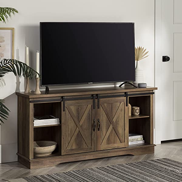 Walker Edison Richmond modern farmhouse sliding barn door TV stand for up to 52 inches, white and rustic oak white without fireplace 52 inches TV