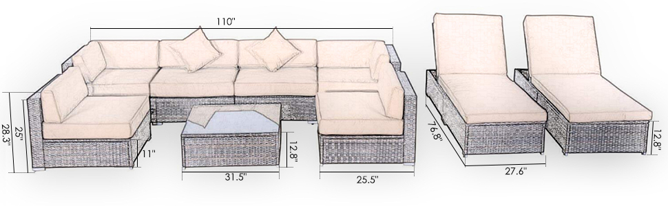 【Furniture】【BS】9 PCS Patio Outdoor Furniture Sets, Sectional Manual Weaving Wicker Conversation Sofa Set
