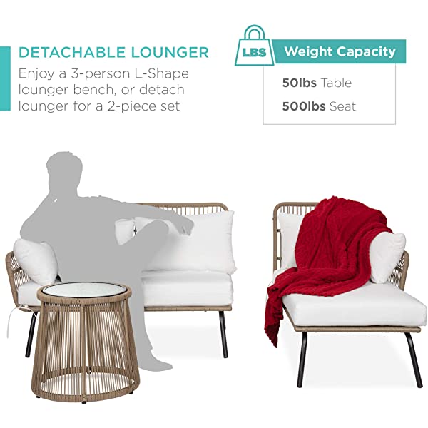 Best Choice Products Outdoor Rope Woven Sectional Patio Furniture L-Shaped Conversation Sofa Set for Backyard, Porch w/Thick Cushions, Detachable Lounger, Side Table - White
