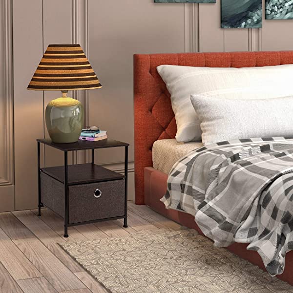 Sorbus Nightstand 1-Drawer Shelf Storage- Bedside Furniture & Accent End Table Chest for Home, Bedroom, Office, College Dorm, Steel Frame, Wood Top, Easy Pull Fabric Bins (Rustic Wood)