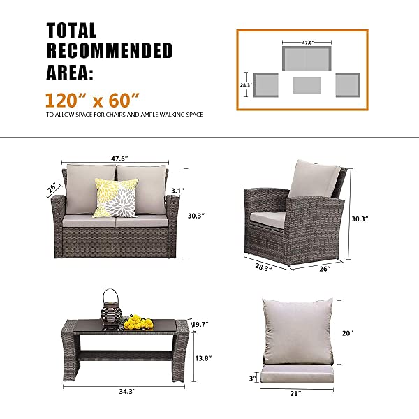 Wisteria Lane 4 Piece Outdoor Patio Furniture Sets, Wicker Conversation Set for Porch Deck, Gray Rattan Sofa Chair with Cushion Grey