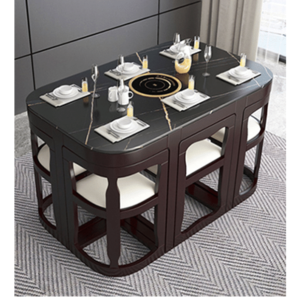 Esstisch und Stühle aus Marmor, Schiefer, Haushalt, kleine Wohnung, moderner, minimalistischer runder Tisch, schrumpfender Esstisch, Kombination aus Tisch und Stuhl aus Massivholz