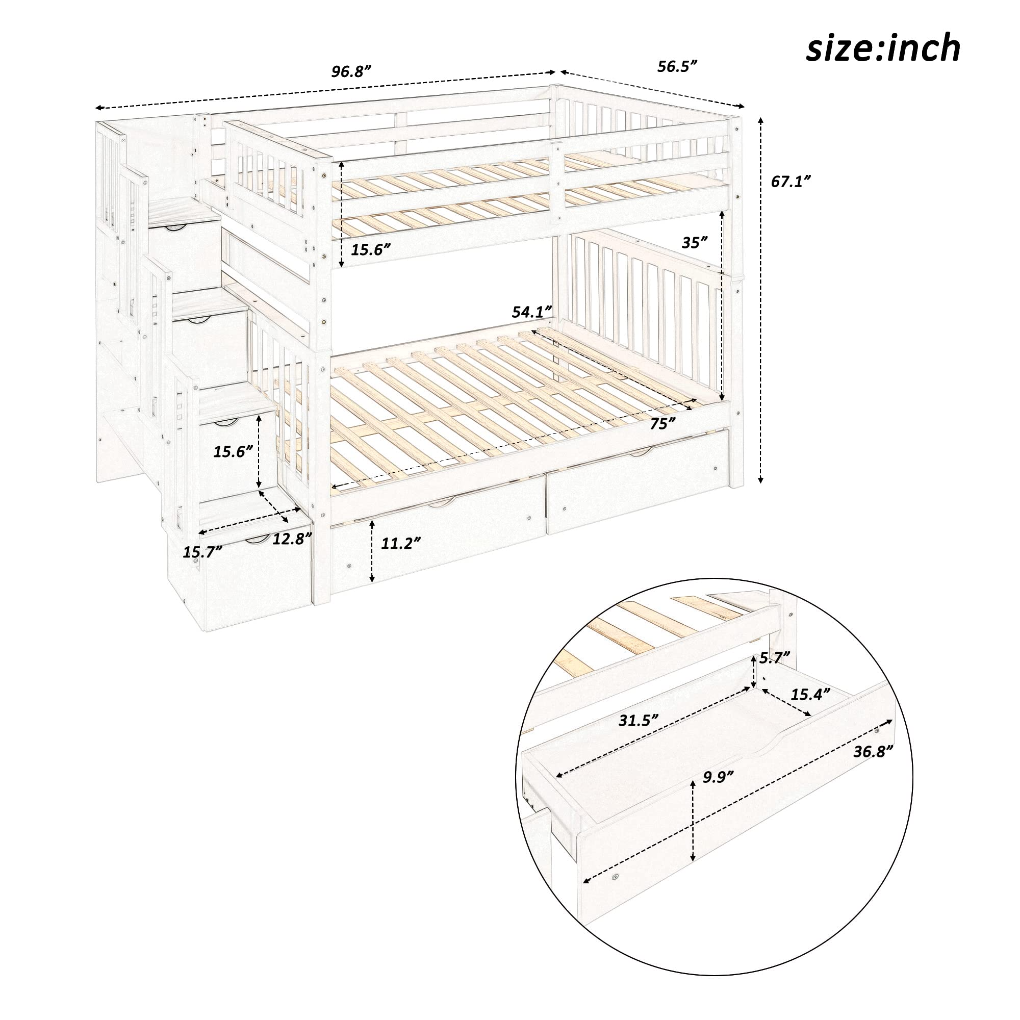 【Furniture】Full Over Full Bunk Bed with Shelves, Stairway Bunk Bed Full Size with 6 Storage Drawers