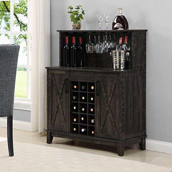 Bar Cabinet with Wine Rack and Glass Doors (Grey wash- Solid)