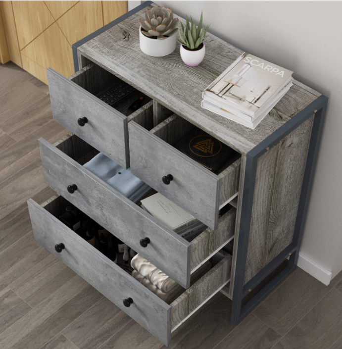 DiDuGo Wood 4 Drawer Dresser Grey Dresser with Metal Frame, Drawer Chest for Bedroom Chest of Drawers (25.2”L x 11.8”W x 29.5”H)