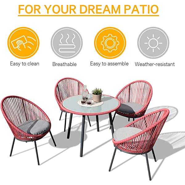 OC Orange-Casual 5 Pieces Patio Conversation Set, Outdoor Furniture Set, All-Weather Wicker Chairs with Round Glass Top Table and 4 Chairs, for Garden,Backyard, Indoor Outdoor Use, Yellow