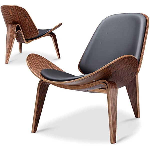 Rimdoc Three-Legged Shell Chair Mid Century Modern Lounge Chair with Black Leather Molded Plywood Accent Chair Reading Side Chair for Bedroom, Study, Office, Living Room (Black Walnut Wood)