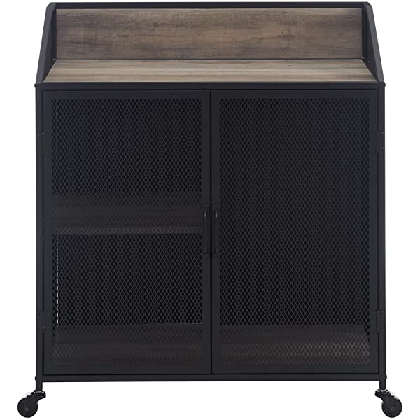 Walker Edison Malcomb Urban Industrial Metal Mesh Double Door Rolling Bar Cabinet, 33 Inch, Rustic Oak Rustic Oak 33 Inch