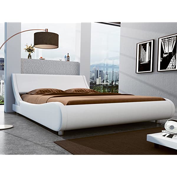 SHA CERLIN King Size Platform Bed, Faux Leather Low Profile Sleigh Bed Frame with Adjustable Headboard, Wood Slat Support, Black & White Black + White King