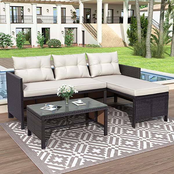 AWQM 5 Pieces Patio Furniture Sets All Weather Outdoor Sectional Sofa Manual Weaving Wicker Rattan Patio Conversation Set with Cushion and Glass Table, Brown 5 Piece Patio Furniture Sets