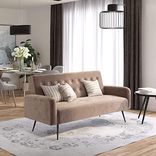 Novogratz 2360379N Z Stevie, Convertible Sofa Bed Couch, Ivory Velvet Futon